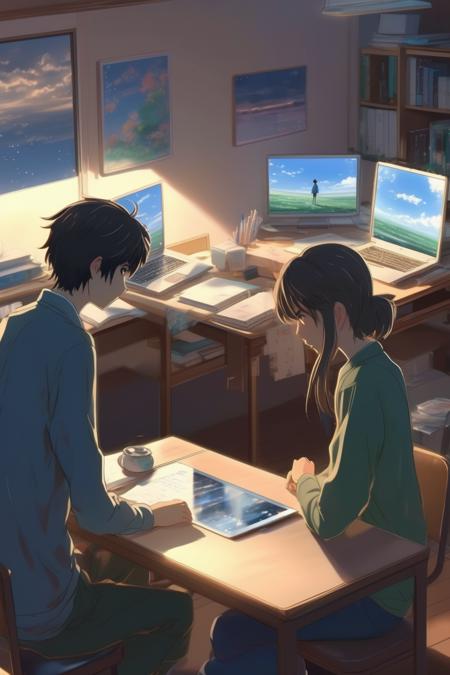 00020-1715449885-_lora_Makoto Shinkai Style_1_Makoto Shinkai Style - A couple is facing each other, using Apple laptops and studying together in.png